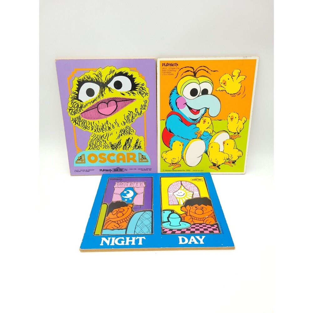 Lot Of 3 Vintage Playskool Sesame Street Street Wooden Puzzle Ernie Oscar Gonzo‎